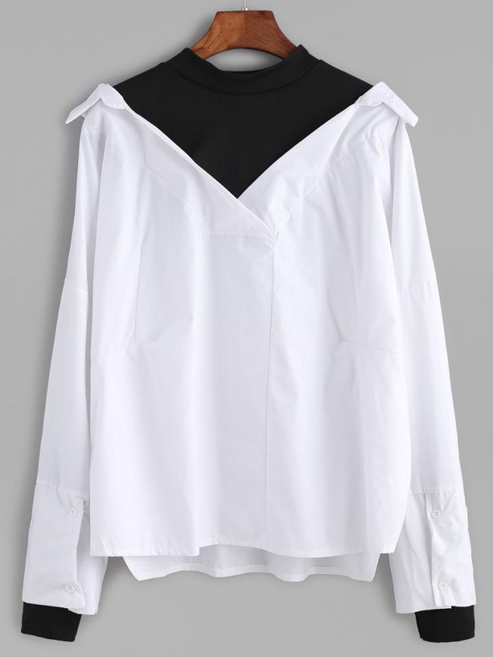 Shein Black And White Color Block 2 In 1 Blouse