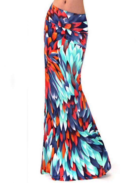Shein Multicolor Peacock Feathers Print Maxi Skirt