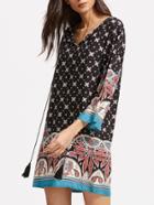 Shein Black Ornate Print Tassel Tie Neck 3/4 Sleeve Tunic Dress