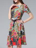 Shein Multicolor Crew Neck Print Belted Dress