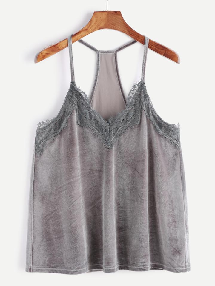 Shein Lace Trim Racer Back Velvet Cami Top
