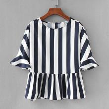 Shein Contrast Striped Button Back Pep Hem Blouse
