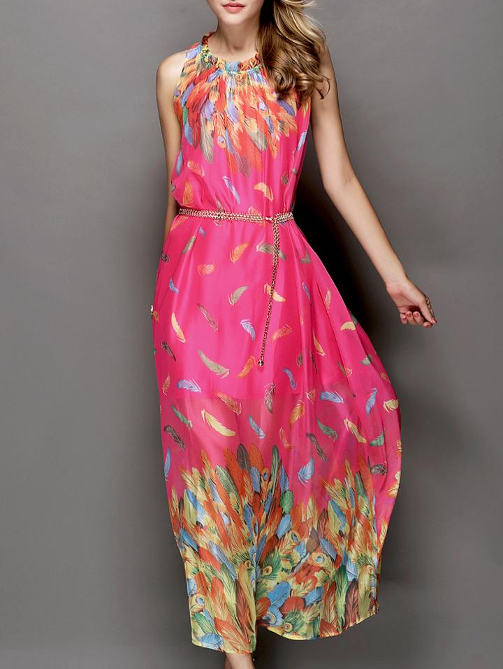 Shein Rose Red Stand Collar Sleeveless Drawstring Print Dress