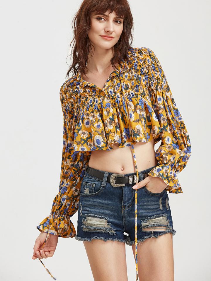 Shein Mustard Floral Print Smocked Shoulder Bell Cuff Crop Blouse