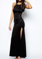 Rosewe Party Essential Women Sleeveless Slit Black Long Dress