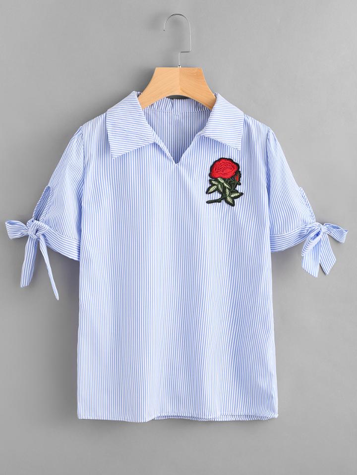 Shein Vertical Pinstripe Embroidered Appliques Bow Tie Cuff Top