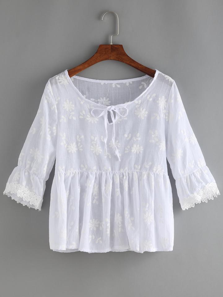 Shein White Lace Trimmed Embroidery Peplum Blouse
