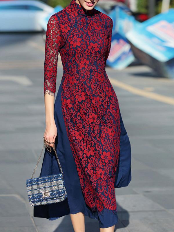 Shein Red Collar Split Lace Long Dress