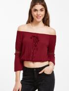 Shein Off The Shoulder Lace Up Contrast Crochet Crop Top