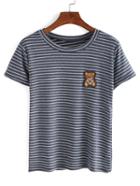 Shein Bear Embroidery Patch Striped T-shirt
