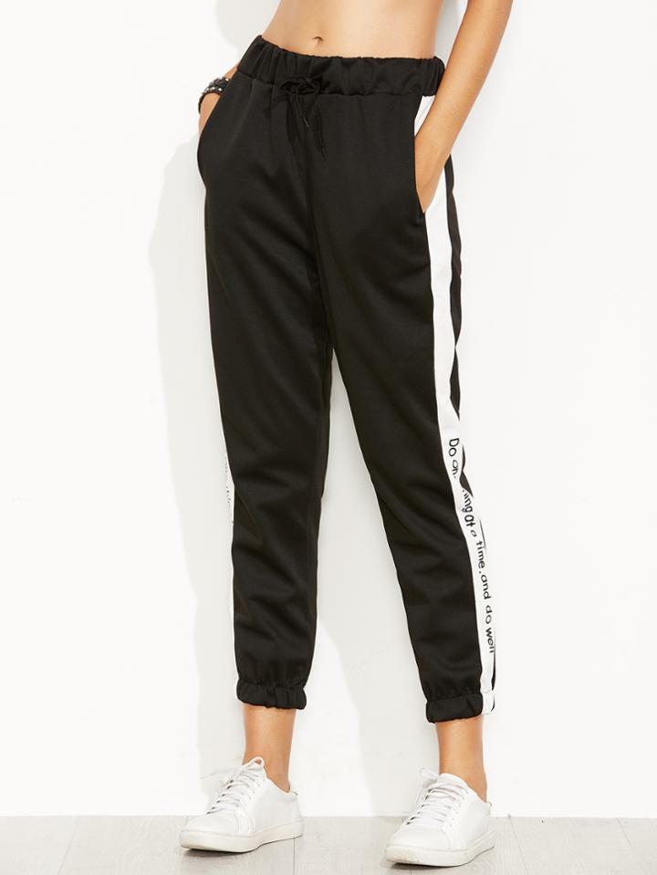 Shein Black Slogan Print Side Drawstring Pants