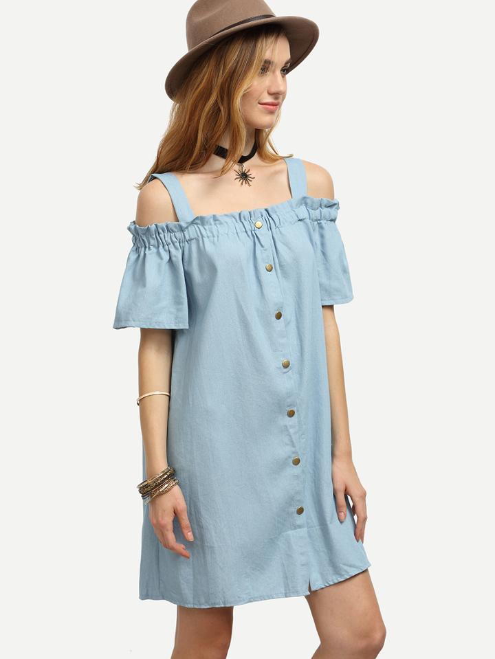 Shein Blue Shirred Cold Shoulder Buttoned Denim Dress