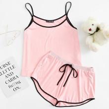 Shein Contrast Binding Cami Top & Drawstring Waist Shorts Pj Set