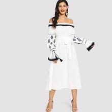 Shein Off Shoulder Tassel Detail Self Belted Hijab Dress