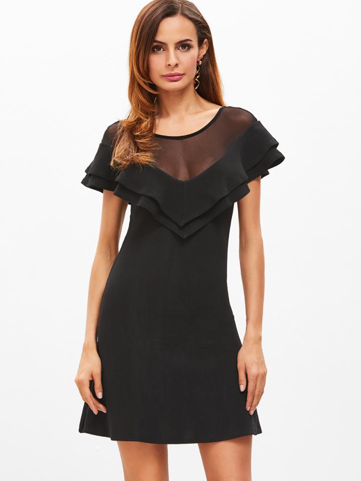 Shein Black Mesh Shoulder Layered Chevron Ruffle Dress
