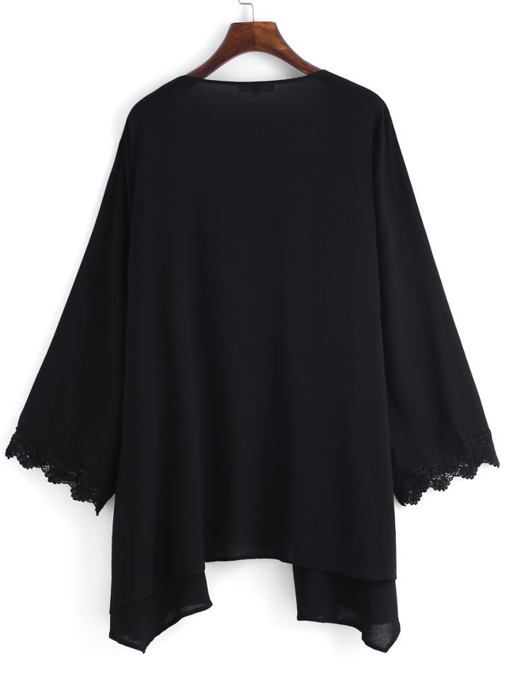Shein Black Open Front Lace Splicing Cuff Plus Top