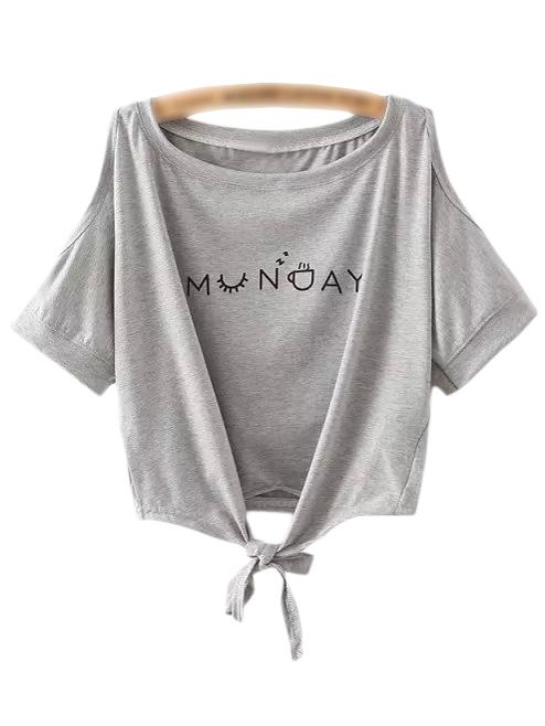 Shein Light Grey Self-tie Bow Cold Shoulder Letter Printed T-shirt