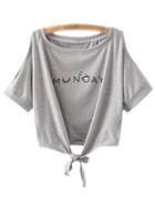 Shein Light Grey Self-tie Bow Cold Shoulder Letter Printed T-shirt