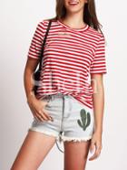 Shein Red Round Neck Striped Keyhole Front T-shirt