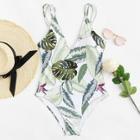 Shein Plunging Neck Open Back Tropical Print Swimsuit