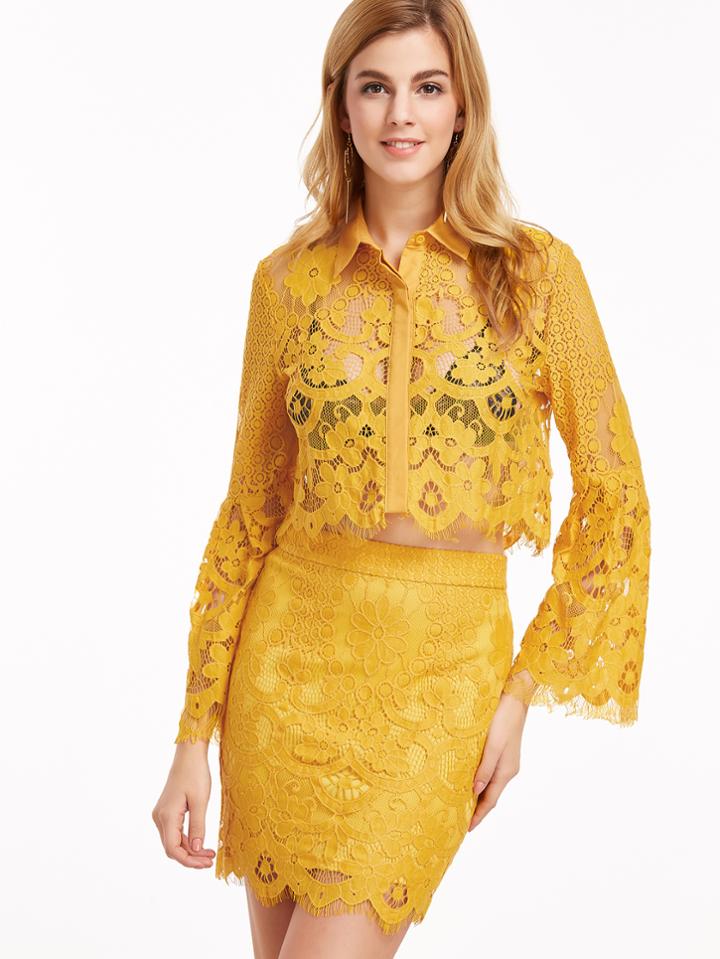 Shein Yellow Bell Sleeve Floral Lace Blouse With Bodycon Skirt