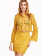 Shein Yellow Bell Sleeve Floral Lace Blouse With Bodycon Skirt