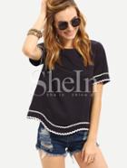 Shein Navy Waved Print Trim Short Sleeve T-shirt