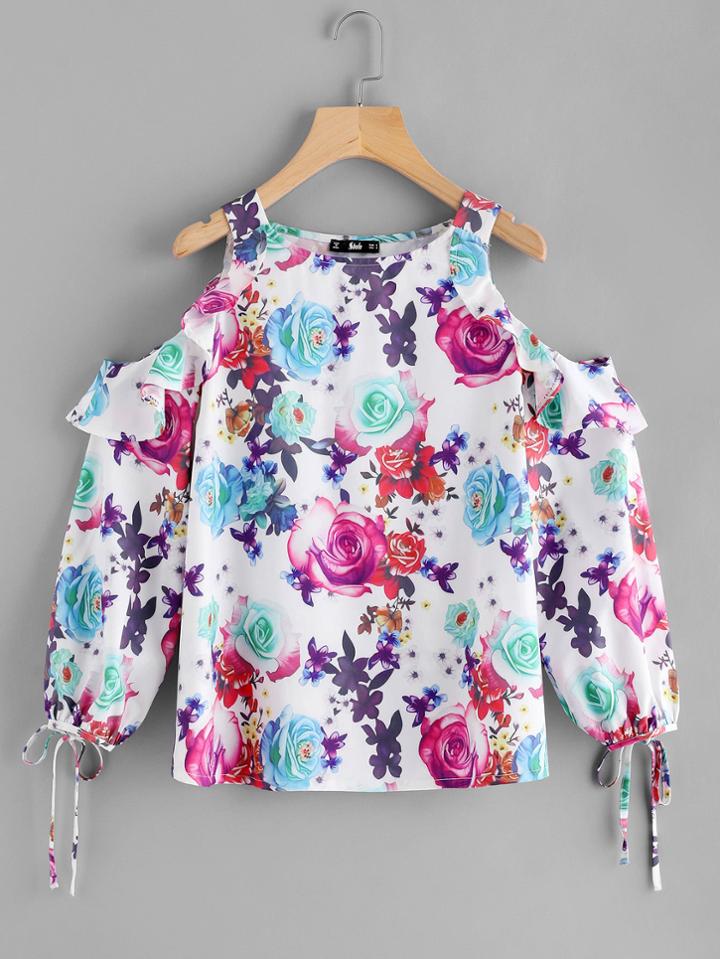 Shein Ruffle Open Shoulder Tied Cuff Blouse
