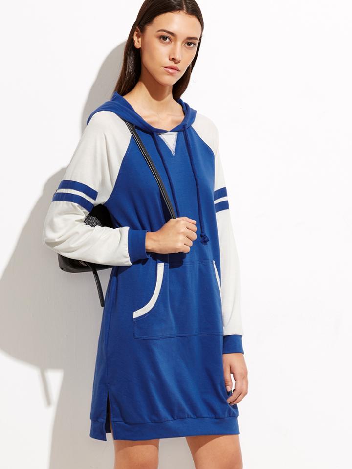 Shein Blue Varsity Striped Raglan Sleeve Hooded Sweatshirt Dress