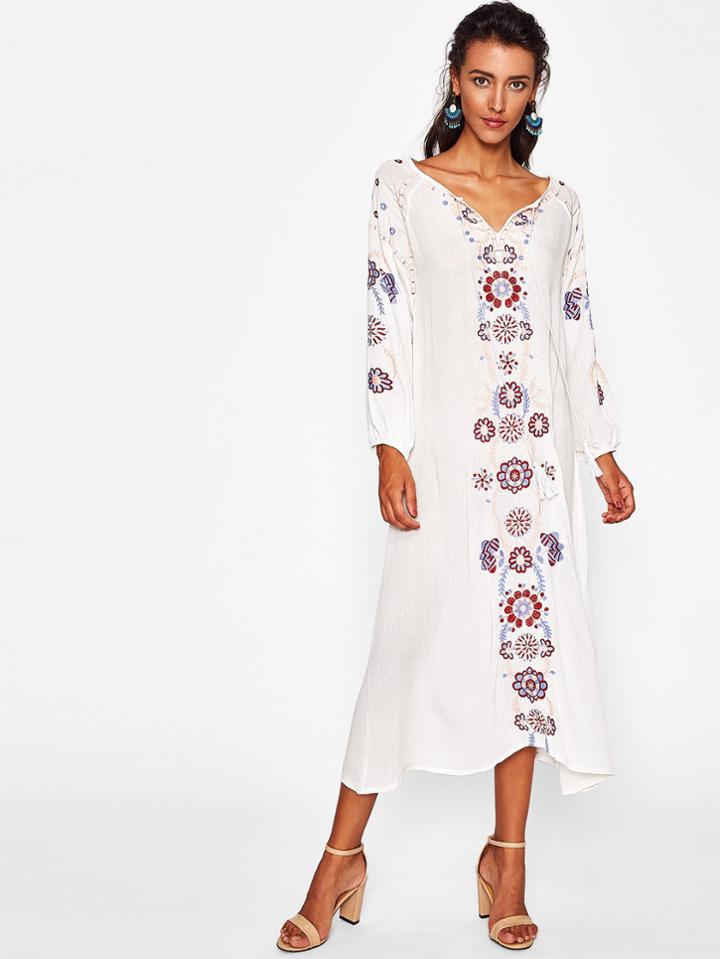 Shein Botanical Embroidered Self Tie Neckline Dress