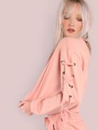 Shein Cropped Lace Up Eyelet Shoulder Sweatshirt Pink