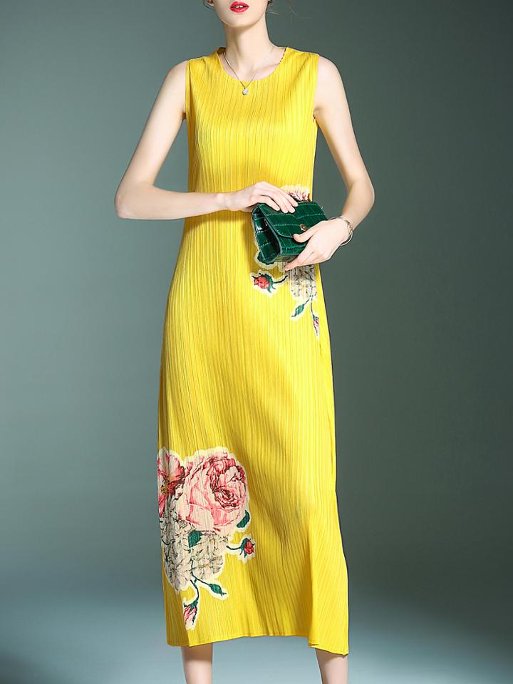 Shein Yellow Pleated Elastic Flowers Print Dresss