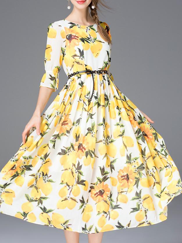 Shein White Belted Lemons Print A-line Dress