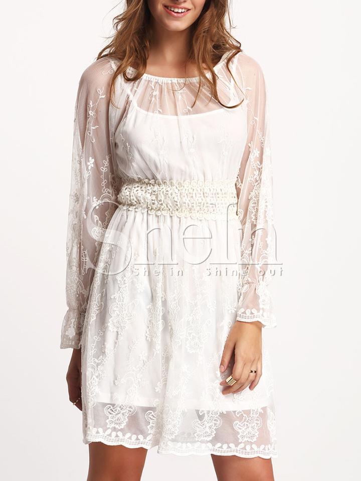 Shein Apricot Crew Neck Sheer Eyelet Lace Dress