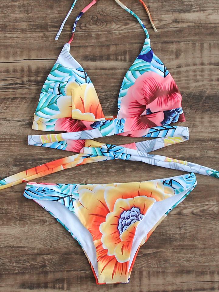 Shein Floral Criss Cross Detail Bikini Set