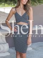 Shein Blue White Wrap Front Striped Bodycon Dress