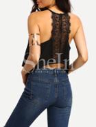 Shein Black Eyelash Trim Button Down Crop Top