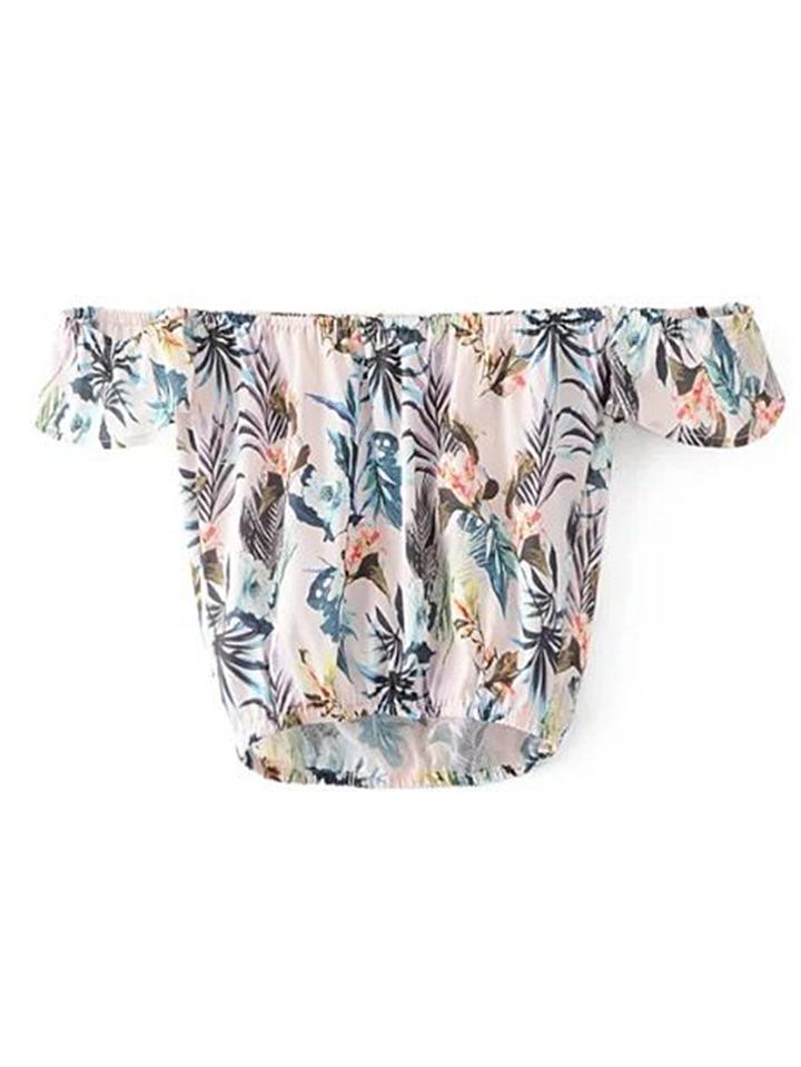 Shein Shirred Off The Shoulder Leaves Print Top