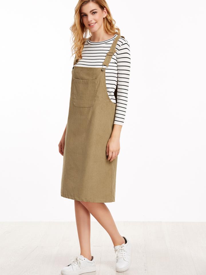 Shein Pale Khaki Ribbed Overall Dress With Pockets