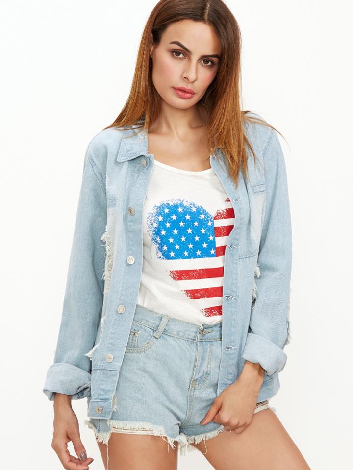 Shein Blue Button Up Distressed Denim Jacket