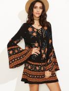 Shein Multicolor Tribal Print Bell Sleeve Shift Dress