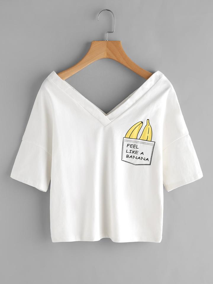 Shein Double V Neck Graphic Print Tee