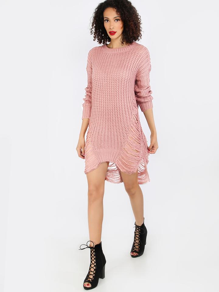 Shein Pink Ripped Long Sleeve High Low Sweater
