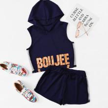 Shein Sheer Mesh Panel Letter Print Top With Shorts