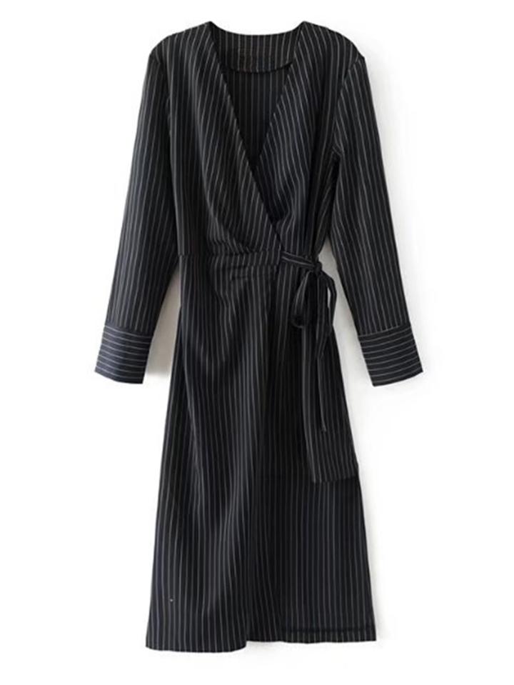 Shein Striped Print Self Tie Surplice V Neckline Dress