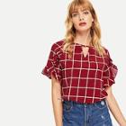 Shein Keyhole Neck Ruffle Overlap Sleeve Grid Top