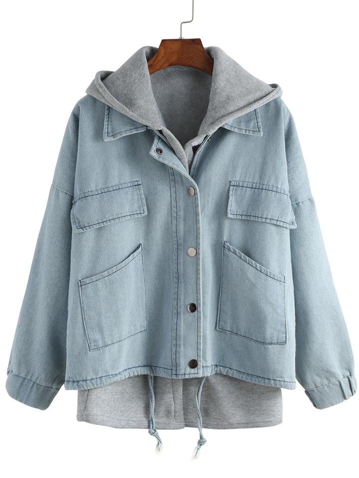 Shein Hooded Drawstring Denim Two Pieces Outerwear