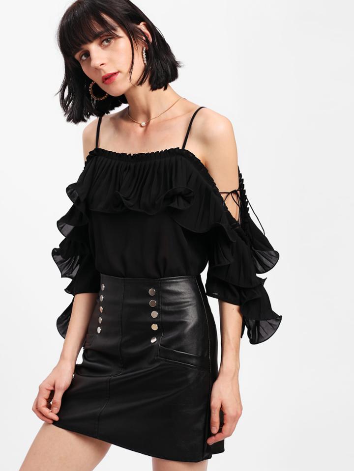 Shein Flounce Pleated Open Shoulder Top