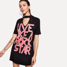 Shein Cut Out Choker Neck Letter Print Tee