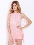 Shein Pink Sleeveless Crochet Lace Tassel Fringed Dress